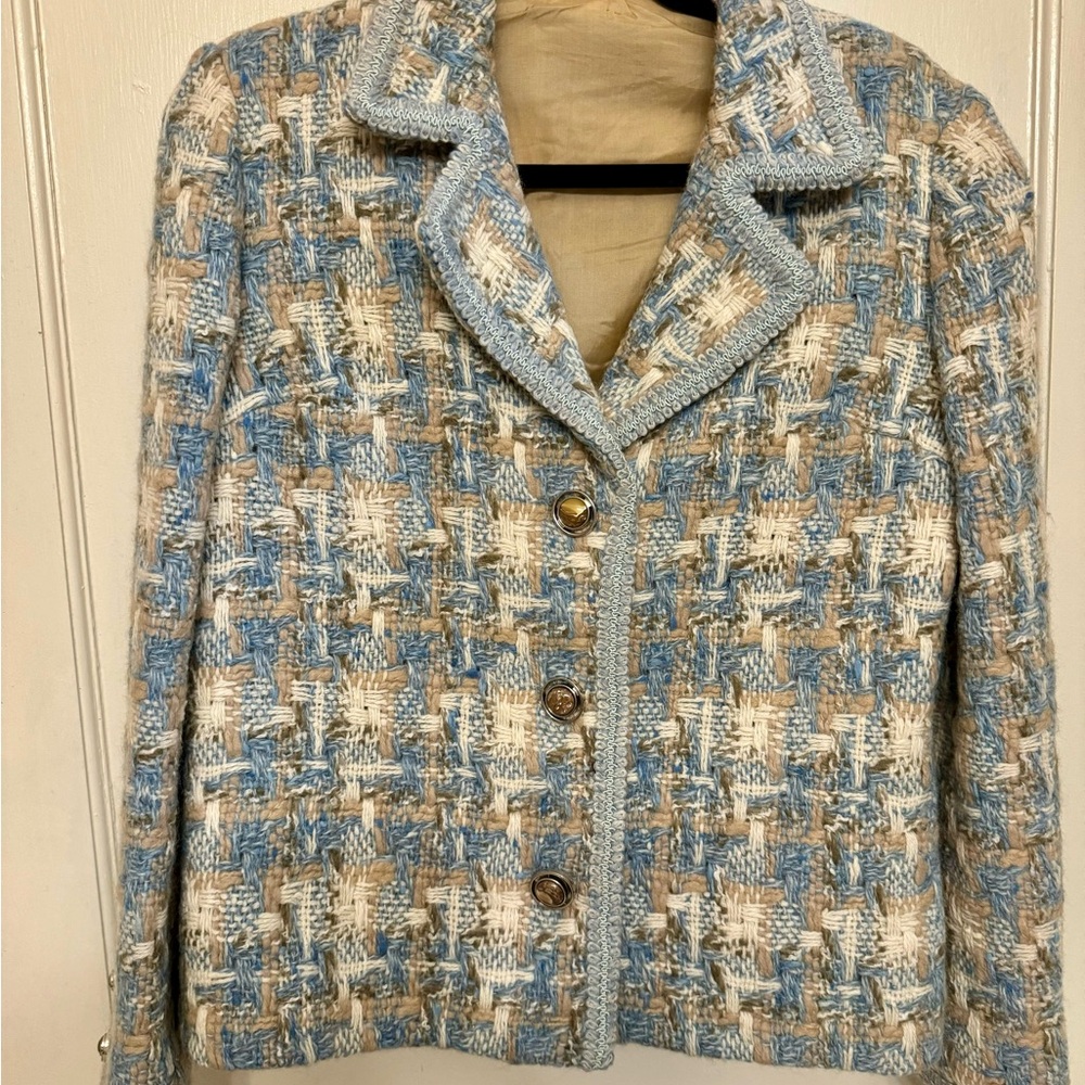 Vintage Blue and Cream Tweed Blazer